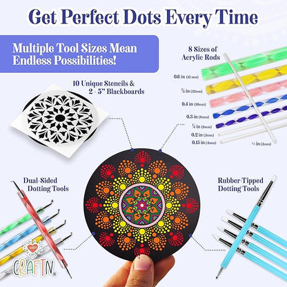 Complete Beginner's Mandala Painting 46 Piece Kit with Acrylic Paints, Reusable Stencils and Dotting Tools. Fun Rock Art & DIY Craft Project. Starter Activity Pack and Gift for Teens, and Adults