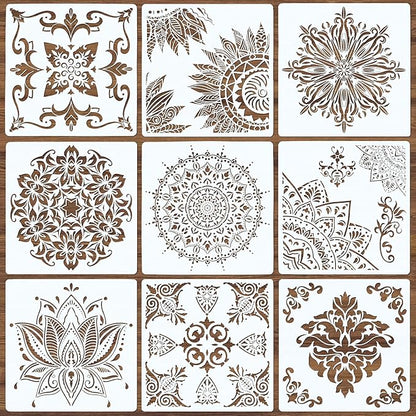 9 Pack Large Reusable Stencil Mandala Stencil Laser Cut Painting Template for Wood Wall Floor Tile Fabric Crafts Furniture Stencils Painting(12x12 Inch)