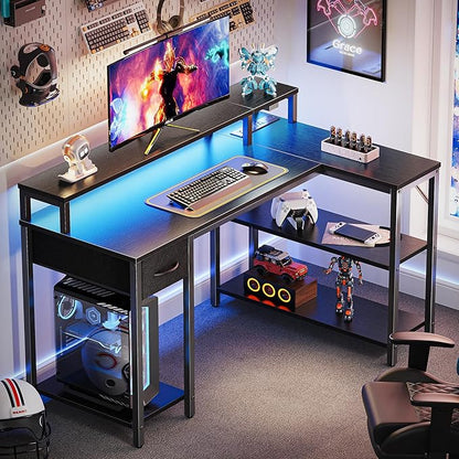 SUPERJARE Reversible L Shaped Gaming Desk with Drawer, LED Lights & Power Outlets, Corner Computer Desk with Shelves & Monitor Stand for Home, Office, Black, 47 inches