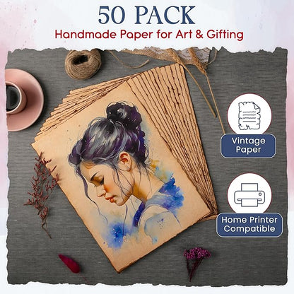 Wanderings Handmade Antique Deckle Edge Blank Paper - 8.25 x 11.7 - A4 Size Package of 50 - Recycled Watercolor Mixed Media Loose Leaf Paper for Writers Invitations Crafts - Thick 150 GSM
