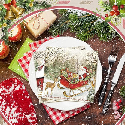 Janlaugh 200 Pcs Christmas Cocktail Napkins Disposable Nutcracker Paper Napkins Decoupage 2 Ply Vintage Santa Beverage Dinner Towels for Xmas Party Favor Supplies