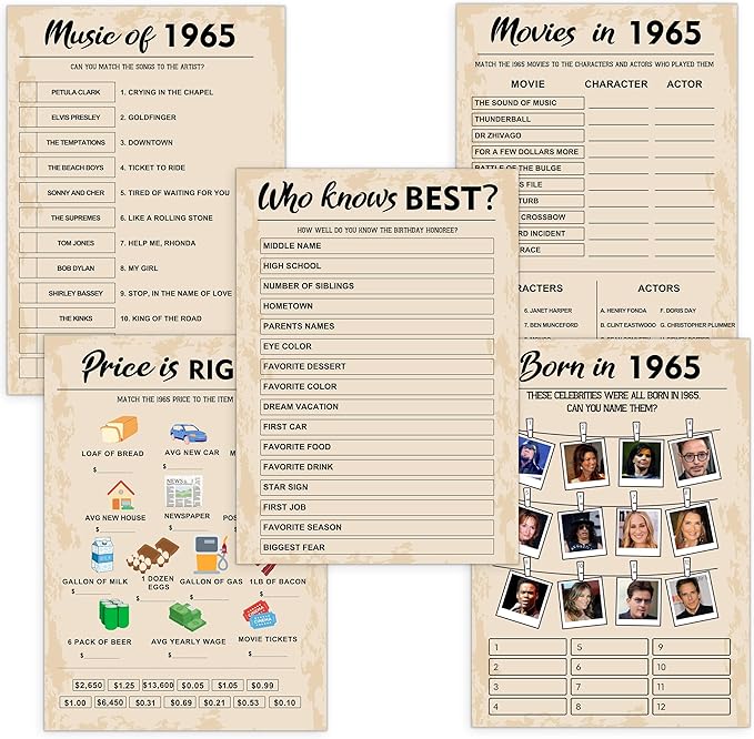 QUPT 60th Birthday Party Games, Set of 5 Activities for 10 Guests, Born in 1965 Games Bundle, Birthday Party Supplies for Adults, Pack of 50 Cards