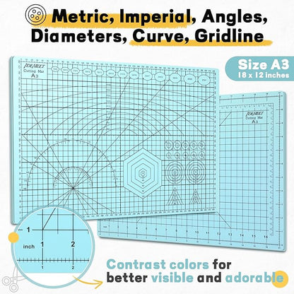 Premium Idemeet Self Healing Cutting Mat 18'' x 12'', A3 Non-slip Sewing Mat for Quilting, 5-Ply Rotary Cutting Board Double-Sided for Crafts Cutting Fabric Scrapbooking Modeling Projects, Aqua Blue
