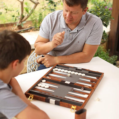 Backgammon Set - 15 Inch Classic Backgammon Board Game Sets Handheld - Backgammon Sets for Adults and Kids - Brown Faux Leather Case - Instruction