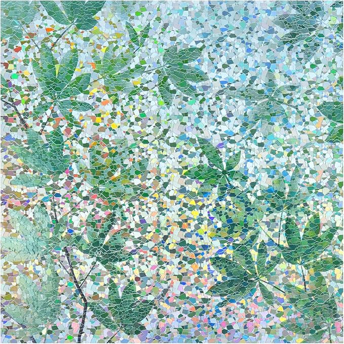 rabbitgoo Rainbow Window Privacy Film Decorative Stained Glass Diamond Pattern Window Sticker with Iridescent Tint Non-Adhesive Static Cling for Home Office Bathroom, Green Leaf 17.5 x78.7 inch