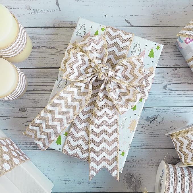 MEEDEE Burlap Ribbon with White Chevron Pattern - 2.5 Inch Wired Ribbon for Cakes, Wreaths, Rustic Decor, Baby Showers, Beach Parties, Farmhouse Gifts - 10 Yards