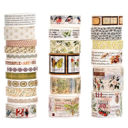 Vintage Washi Tape Set - 24 Rolls Arts Adhesive Tapes Assorted Retro Decorative Masking Tape Sets for Craft, Kids, Scrapbook, DIY, Gift Wrapping (4-Nature Journal)