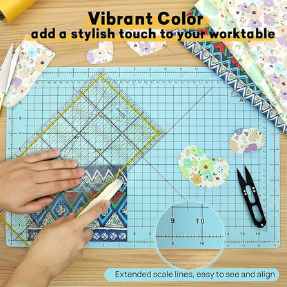 Premium Idemeet Self Healing Cutting Mat 18'' x 12'', A3 Non-slip Sewing Mat for Quilting, 5-Ply Rotary Cutting Board Double-Sided for Crafts Cutting Fabric Scrapbooking Modeling Projects, Aqua Blue