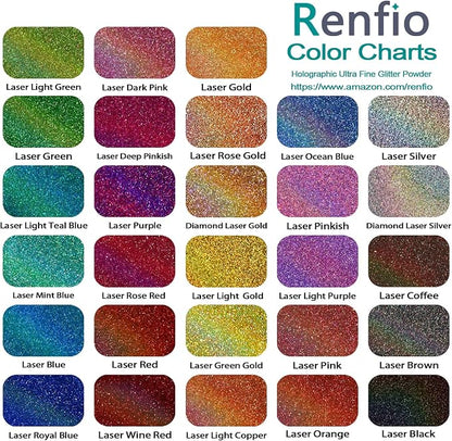 Renfio 28 Colors Holographic Glitter Set, 14.81oz 420g Ultra Fine Glitter Powder PET 1/128" 0.008" 0.2mm Resin Suppies Assorted Craft Glitter for Fake Nails, Resin Art, Tumblers, Slime, Hair, Bomb