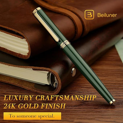 BEILUNER Racing Green Fountain Pen,Stunning Luxury Pens with 24K Gold Finish, Gorgeous 24K Gilded Nib(Medium), Fancy Pen Gift for Men&Women -Ink Converter-Christmas, Office,Fancy,Nice Pen for Writing