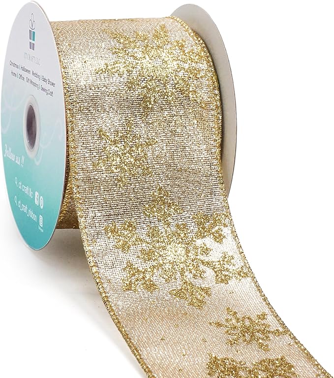 CT CRAFT LLC Champagne Gold Metallic Fabric with Gold Snowflake Wired Ribbon 2.5 Inch x 10 Yards for Christmas Home Decor Tree Topper Bow Gift Wrapping DIY Crafts Wreath Garland