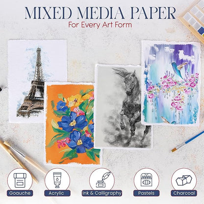 Wanderings Thick Handmade Watercolor Paper with Deckled Edge A5-5.8x8.3-500GSM Premium White Cold -Pressed Textured Mixed Media Paper Made with Recycled Cotton - 15 Loose Leaf Sheets