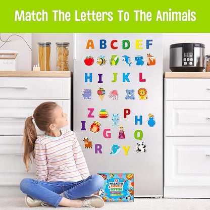 Large Magnetic Letters and Animals, Educational Learning Tool for Kids Word Recognition 52 Pieces Magnets Include 26 Colorful Alphabet Letters and Corresponding Cartoon Images