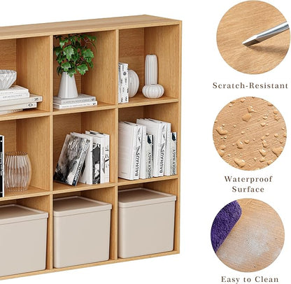 Wooden Cube Storage Organizer with Closed Back Panel, 11in Cube Shelf Opening, Bookshelf, Display Shelf,Closet Cabinet for Home and Office (Natural Oak, 12-Cube 35.98L*9.45W*47.72H)