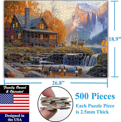 Think2Master Cabin by The Falls 500 Pieces Large Format Jigsaw Puzzle: Kids 12+, Teens, Adults & Families. Scenic Autumn Mountain Landscape with Log Cabin, Waterfall. Great Gift. Size: 26.8” X 18.9”