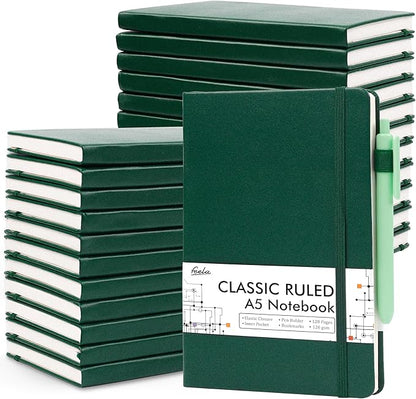 feela 24 Pack Journal Notebook for Work, Business Notebook Bulk Hardcover Lined Writing Journal with Pen Holder for Men Women Note Taking, with 24 Black Pens, 120 GSM, 5.1”x8.3”, A5, Dark Green