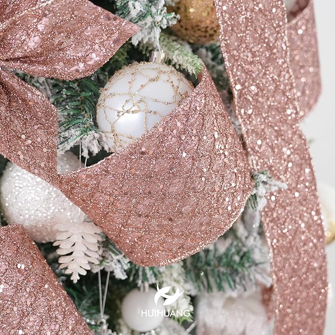 HUIHUANG Rose Gold Christmas Ribbon 4 inch Rose Gold Glitter Wired Ribbon Diamond Mesh Wire Ribbon for X-mas Tree Decorations, Wreaths, Garland, Large Bows Making, Home Decor -10 Yards