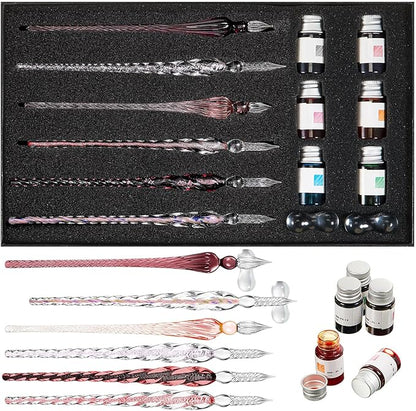 Zonon Glass Dipped Pen Ink Set 14 Pcs Include 6 Pcs Glass Dip Pen, 6 Colorful India Ink and 2 Holder Crystal Signature Calligraphy for Art, Writing, Signatures, Gift (Purple Pink Color System)