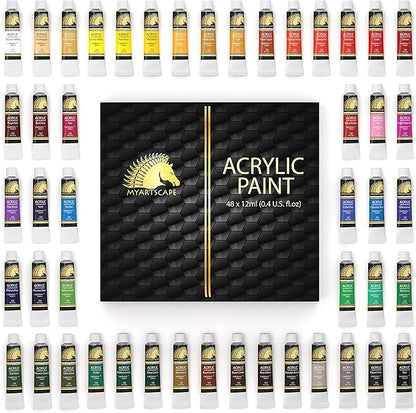 MyArtscape Acrylic Paint Set - 48 x 12ml Tubes - Lightfast - Heavy Body - Non Fading - Vibrant Colors - Artist Quality Painting Supplies - Professional Grade Paints