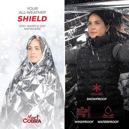 Mart Cobra Emergency Blanket 100-Pack | Reflective Thermal Blanket | Survival Gear | Lightweight Mylar Blankets | Retains 90% Body Heat | Essential for Camping, First Aid, Homeless Care Package Bulk