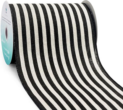 CT CRAFT LLC Striped Canvas Cotton Ribbon 6" x 10 Yards Ivory/Black Stripes for Thanksgiving Christmas Home Décor Gift Wrapping Outdoor Tree Topper Bow Wreath
