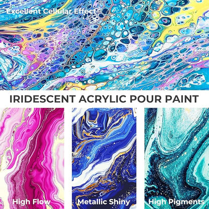 Nicpro 20 Colors Iridescent Metallic Acrylic Pour Paint Supplies Kit, 8.45oz Large Ready to Pour Premixed High Flow Pouring Paint Set with Silicone Pouring Oil, Gloves, Instructions for Beginner DIY