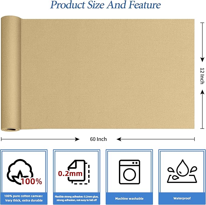 KING MOUNTAIN Canvas Iron on Patch,12"×60",Waterproof 100% Cotton Fabric Repair Patch,Used for Various Sofa,Tent,Clothes,Seats,Suitcases (Flaxen,Waterproof)