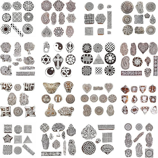 Wooden Printing Stamps Assorted Design - Handcarved Indian Textile Printing Blocks [ Pack of 37 Assorted Pc from 200 Design ] Wood Stamps for Tattoo Clay Pottery Cards Henna HASHCART®