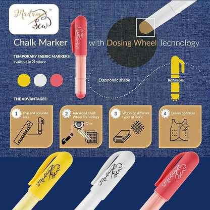 Madam Sew Fabric Chalk Markers for Sewing & Quilting | Refillable Tailors Chalk for Fabric Marking with Dosing Wheel | Ideal for Marking on Cotton, Knit, Suede (White)
