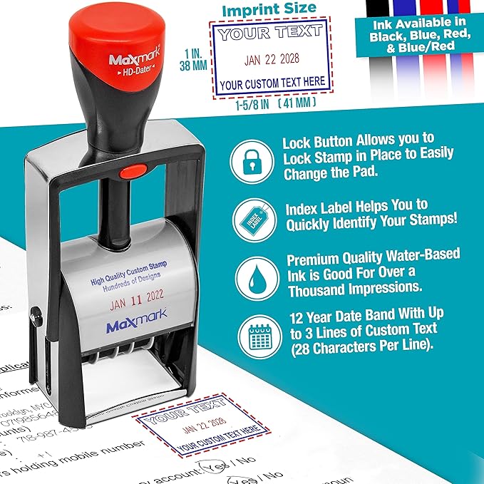 MaxMark Heavy Duty Self Inking Date Stamp with Phrase Received - Red Ink
