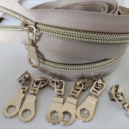 Leekayer #5 Light Gold Teeth Metallic Nylon Coil Zippers by The Yard Bulk 10 Yards Beige Tape with 25pcs Gold Sliders for DIY Sewing Tailor Craft Bag(Beige)