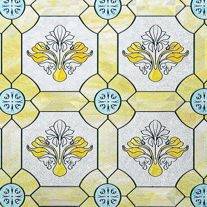 3D Stained Glass Window Film, Decorative Window Privacy Film for Bathroom,Front Door,Home, Sun Blocking Heat Control,Static Cling,23.6inch x 35.4inch Gilt Glazed Flowers