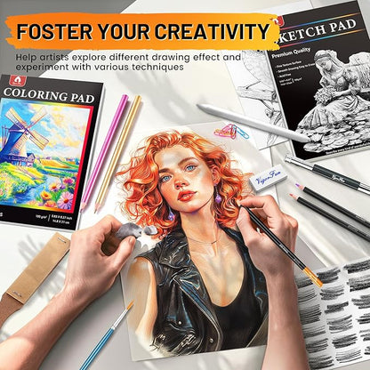 106 PCS Art Supplies Sketching Kit, Pro Drawing Pencils with 3-Color Sketchbook, Coloring Book, Colored Graphite Charcoal Watercolor & Metallic Pencils, Drawing Supplies Gifts for Artists Adults Kids