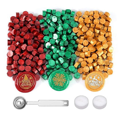 Yoption 360 Pieces Sealing Wax Beads Kit, Red God Green Christmas Sealing Wax with Candles and Melting Spoon, 3 Colors
