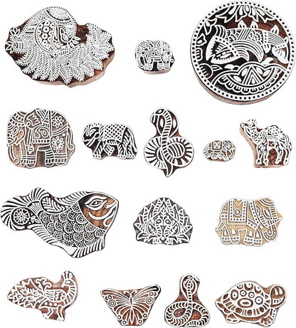 Wooden Printing Stamps Assorted Design - Handcarved Indian Textile Printing Blocks [ Pack of 37 Assorted Pc from 200 Design ] Wood Stamps for Tattoo Clay Pottery Cards Henna HASHCART®