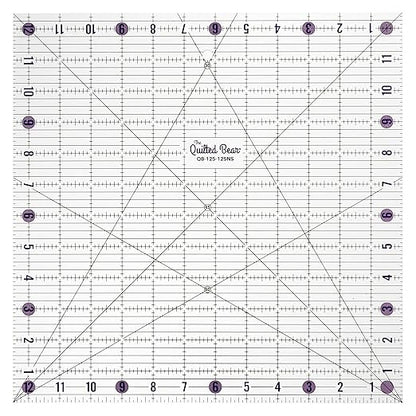 The Quilted Bear Quilting Rulers - Transparent Acrylic Non Slip Quilting, Patchwork & Sewing Ruler with Clear Black Lines & 30, 45 & 60 Degree Angles for Perfect Accuracy & Precision (12.5" x 12.5")