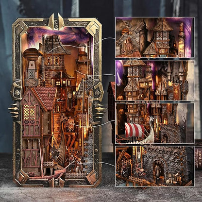 DIY Viking Book Nook Kit, Miniature House Dollhouse Kit for Adult and Teens, Booknook Bookend Tiny House Model Build Bookshelf Insert Decor 3D Wooden Puzzle, Gifts for Family, Friends