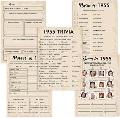 70th Birthday Party Games, Born in 1955 Games Bundle, Set of 5 Activities for 10 Guests, Birthday Party Supplies for Adults, Pack of 50 Cards