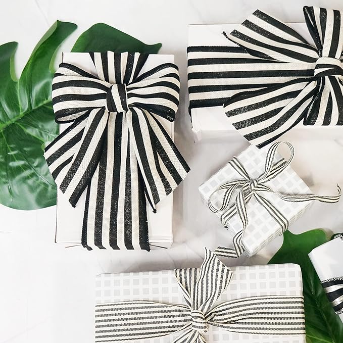 CT CRAFT LLC Striped Canvas Cotton Ribbon 2.5" x 50 Yards Ivory/Black Stripes for Thanksgiving Christmas Home Décor Gift Wrapping Outdoor Tree Topper Bow Wreath