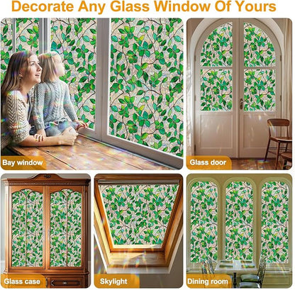 Window Privacy Film Stain Glass Window Film Rainbow Window Film Window clings Non-Adhesive Reusable Decorative for Room (Greenery Leaf, 35.4 x 157.4 in)