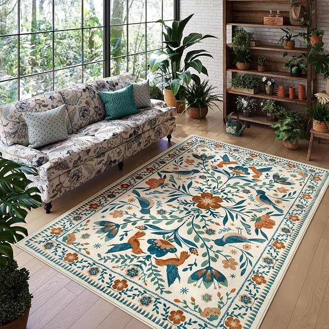 Morebes Washable Floral 8x10 Area Rugs for Living Room, Soft Insect Rug for Bedroom Non Slip, Ultra-Thin Distressed Birds Indoor Floor Throw Carpet for Classroom Playroom Farmhouse, Beige/Multi