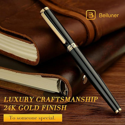 BEILUNER Black Fountain Pen,Stunning Luxury Pens with 24K Gold Accents, Gorgeous 24K Gilded Nib(Medium), Trustworthy Pen Gift for Men&Women -Ink Converter-Elegant, Reliable,Nice Pen for Writing