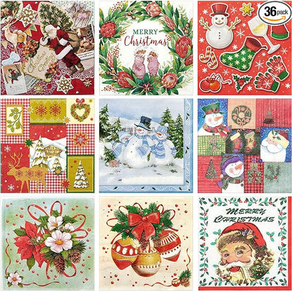 Crtiin 36 Pack 9 Styles Christmas Decoupage Napkins Assorted Christmas Decorative Decoupage Napkins Cocktail Paper for DIY Crafting Party, Each Unfolded 13 Inch