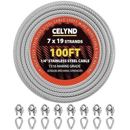 Stainless Steel Cable for Railing - 100FT 1/4" T316 Wire Rope with Clamps and Thimbles - 7 x 19 Strands 6700 LBS Breaking Strength for Outdoor Deck Railing Zipline