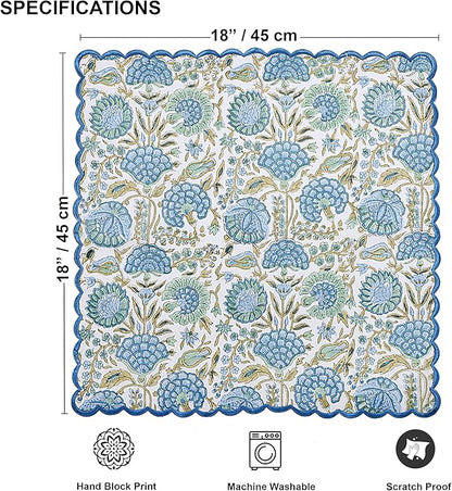 Ridhi Asparagus GreenHand Block Print Napkins 18" x 18" Set of 4 Reusable Cotton Dinner Napkins for Weddings, Parties & Everyday Dining, Thanksgiving, Christmas, Fall