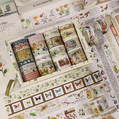 Vintage Washi Tape Set - 24 Rolls Arts Adhesive Tapes Assorted Retro Decorative Masking Tape Sets for Craft, Kids, Scrapbook, DIY, Gift Wrapping (4-Nature Journal)
