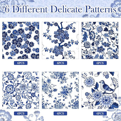Epakh 36 Pack 6 Style Blue and White Decoupage Paper Napkins Assorted Floral Chinoiserie Decorative Cocktail Napkin Paper for DIY Crafts Fall Christmas Wedding Party Decor, Each Unfolded 13''