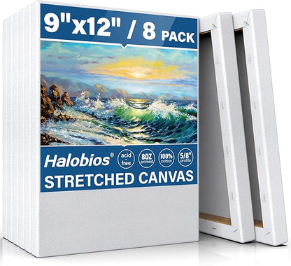 Stretched Canvases for Painting, 8 Packs 9X12 Inch Canvases for Acrylics,Oils & Other Painting Media, 5/8 Inch Profile 100% Cotton Primed Artist Framed Canvas