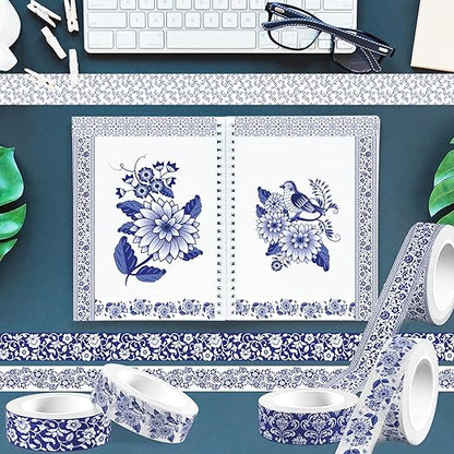 12 Pcs blue and white porcelain Washi Tape Maple Leaf Print Masking Tape Pumpkin Pattern Decorative Paper Sticker for Fall Party Holiday Scrapbook DIY Craft Gift Wrapping Handbook Sticker