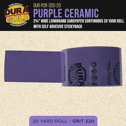 Dura-Gold Premium 320 Grit PSA Purple Film Ceramic Longboard Sandpaper, 2-3/4" Wide Continuous 20 Yard Roll - Self Adhesive Stickyback for Auto & Wood Air File Long Board Sanders, Hand Sanding Blocks
